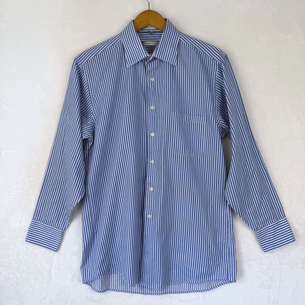 Geoffrey Beene Mens Striped Button Down Shirt Blue Wrinkle Free Med 15.5 32/33